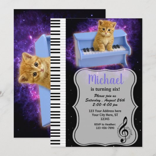 Piano Cat Universe Cosmic Invitation Kaart (Voorkant / Achterkant)