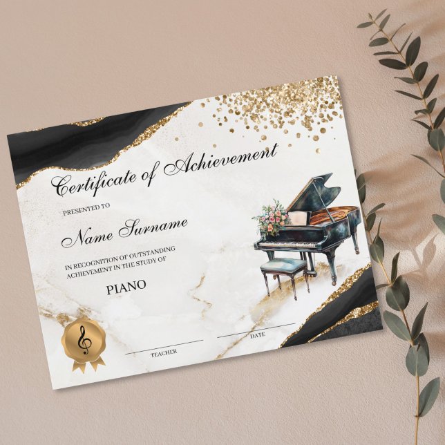 Piano Certificaat Muziek School Overweging Prestat (piano recital certificate with watercolor piano and flower bouquet)