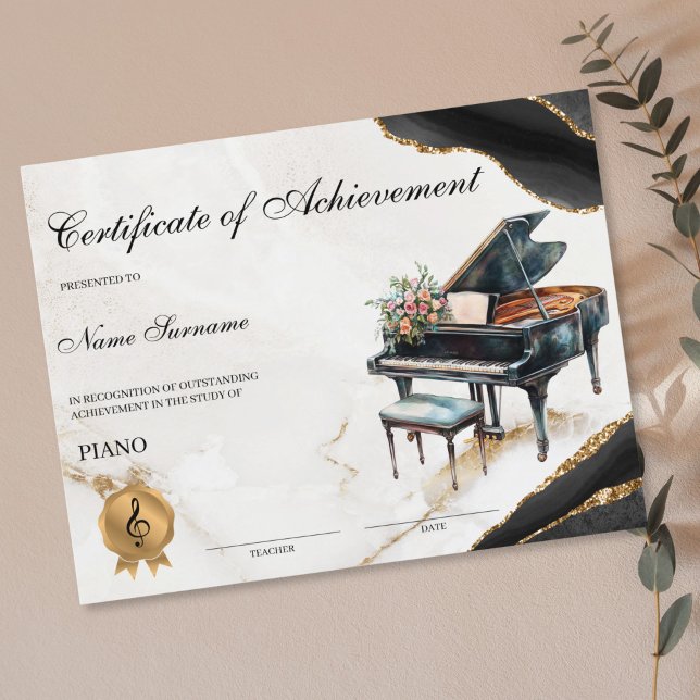 Piano Certificaat Muziek School Overweging Prestat (piano recital certificate with watercolor piano and flower bouquet)