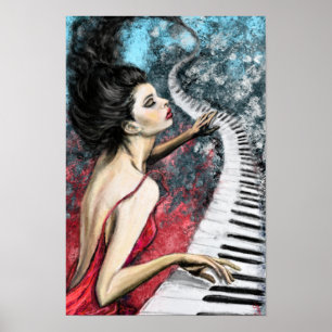 Piano Dames Gevoel Muziek Poster Print - Schilderi