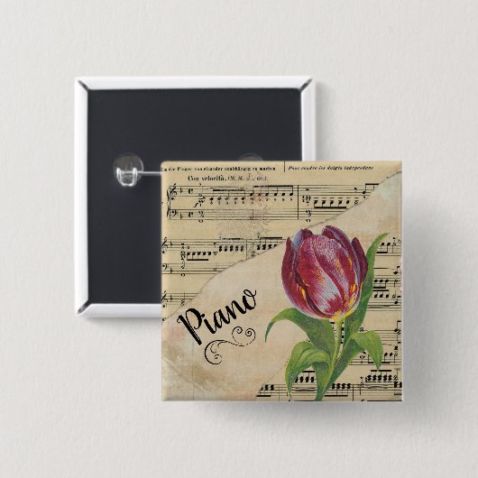 Piano Elegant Tulip  vel Music Vierkante Button 5,1 Cm (Voorkant /achterkant)