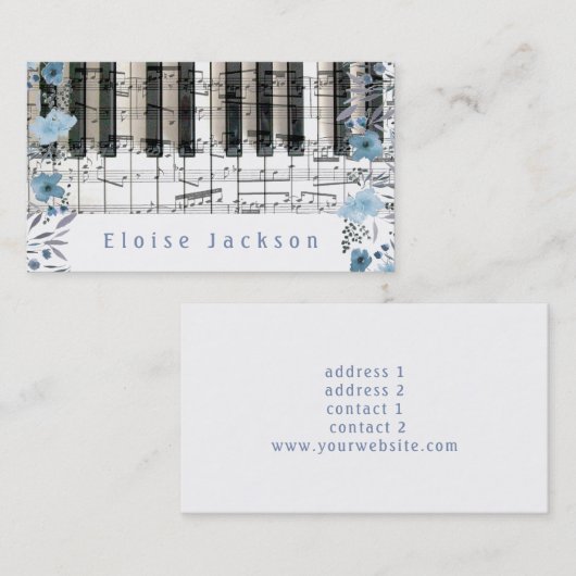 Piano en blauwe bloemen decor visitekaartje (Voorkant / Achterkant)