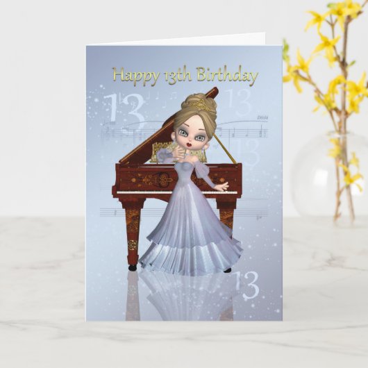 Piano en muziek 13e verjaardag Kaart met Schattige (Gele Bloem)