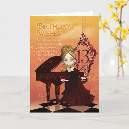 Piano en muziek 13e verjaardag Kaart met Schattige (Gele Bloem)