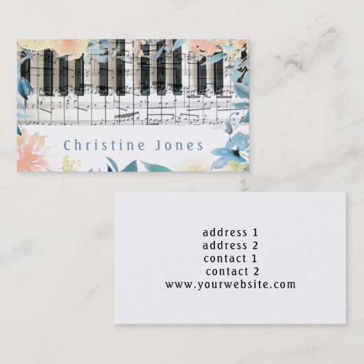 Piano en waterverf bloemen grens visitekaartje (Voorkant / Achterkant)