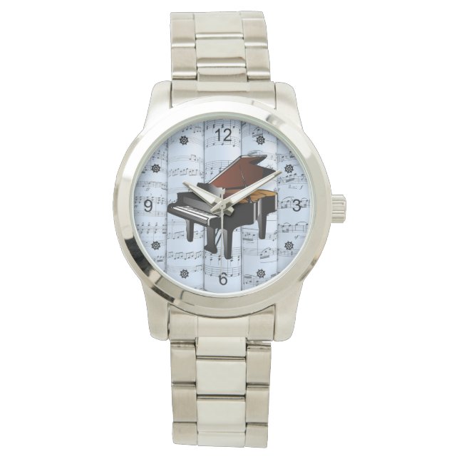 Piano ~ gerolde bladmuziek ~ blauwe tint achtergro horloge (Voorkant)