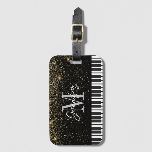 Piano Glitter Goud Monogram Naam Gepersonaliseerd Bagagelabel (Voorkant (verticaal))