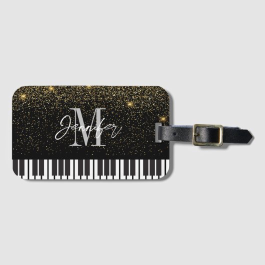Piano Glitter Goud Monogram Naam Gepersonaliseerd Bagagelabel (Voorkant (horizontaal))