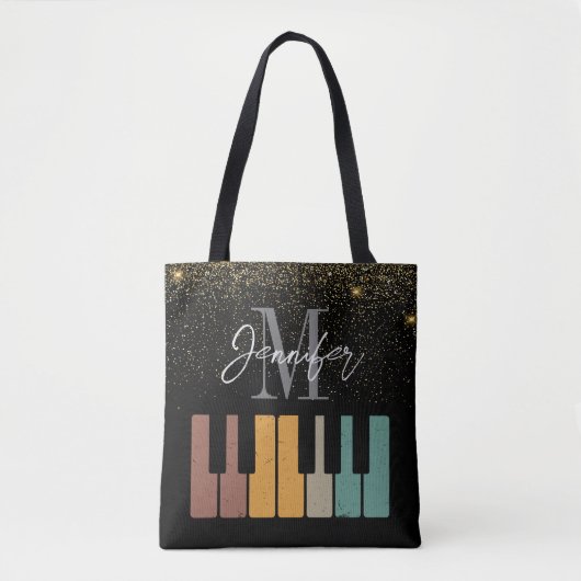 Piano Glitter Goud Monogram Naam Gepersonaliseerd Tote Bag (Voorkant)