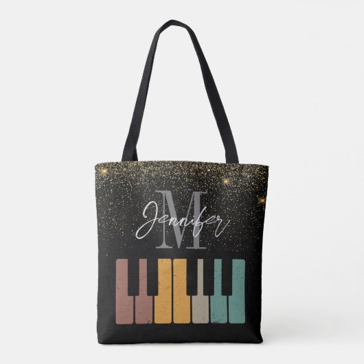 Piano Glitter Goud Monogram Naam Gepersonaliseerd Tote Bag (Achterkant)