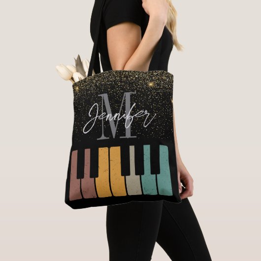 Piano Glitter Goud Monogram Naam Gepersonaliseerd Tote Bag (Dichtbij)