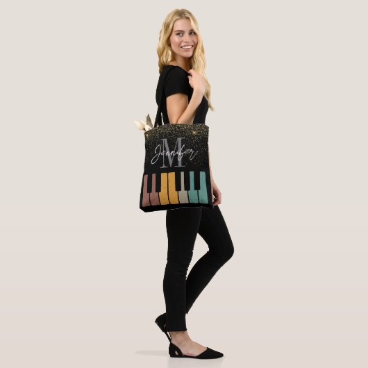 Piano Glitter Goud Monogram Naam Gepersonaliseerd Tote Bag (Op model)