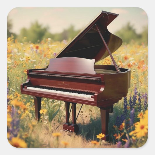 Piano in een bloemenveld vierkante sticker (Voorkant)