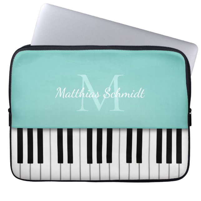 Piano Keyboard Monogrammed Personalized Aqua Laptop Sleeve (Voorkant)
