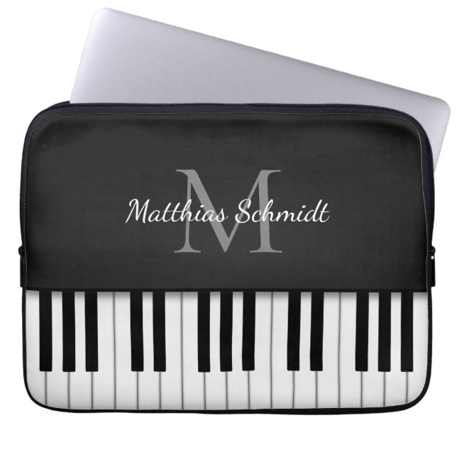 Piano Keyboard Monogrammed Personalized Black Laptop Sleeve (Voorkant)