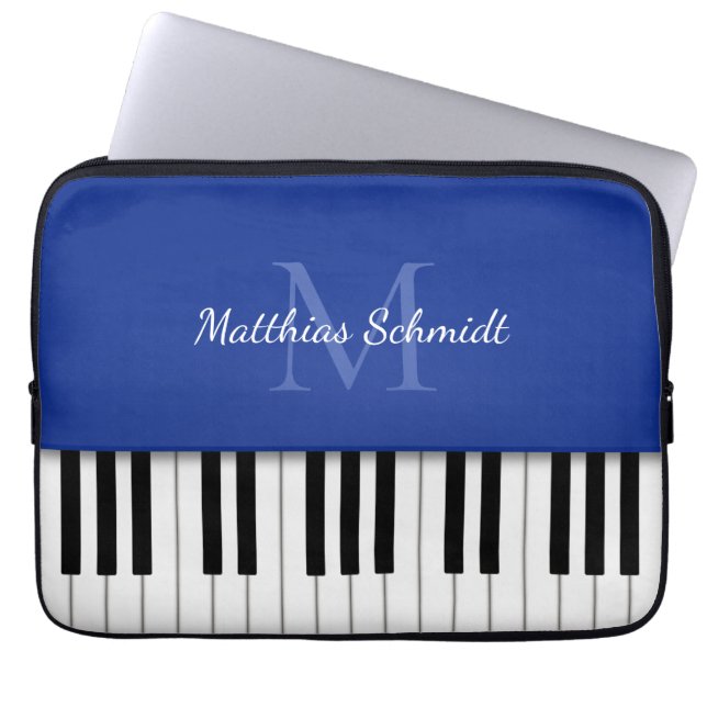 Piano Keyboard Monogrammed Personalized Royal Blue Laptop Sleeve (Voorkant)
