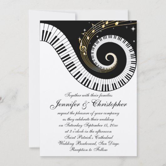 Piano Keys en Golden Musical Notes Wedding Kaart (Achterkant)