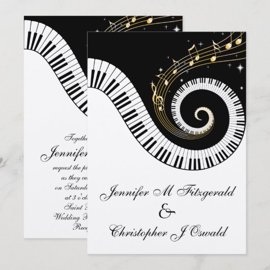 Piano Keys en Golden Musical Notes Wedding Kaart (Voorkant / Achterkant)
