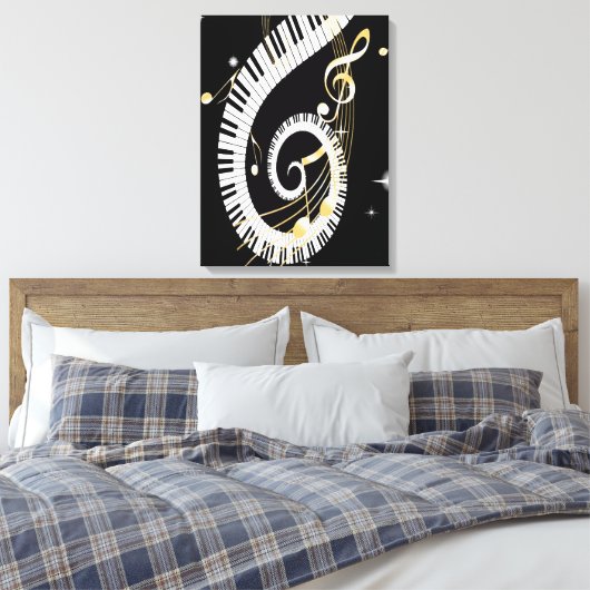 Piano Keys en Golden Muzieknoten Canvas Afdruk (Insitu (Slaapkamer))