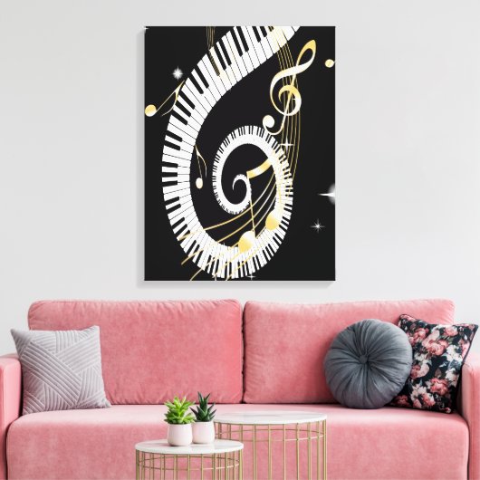 Piano Keys en Golden Muzieknoten Canvas Afdruk (Insitu (Woonkamer))