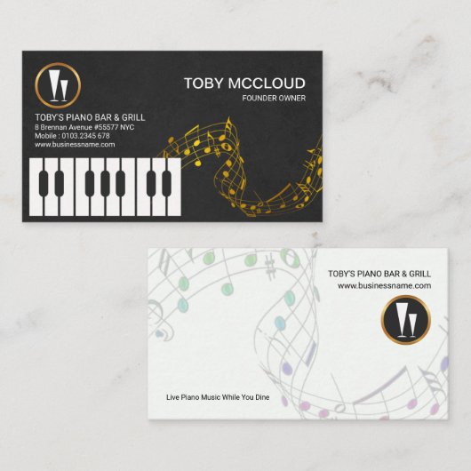 Piano Keys Gold Floating Musical Notes Visitekaartje (Voorkant / Achterkant)