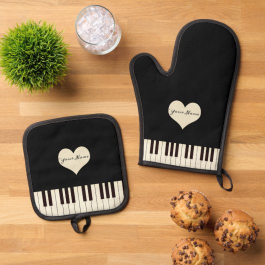 Piano Keys Hart Gepersonaliseerde Tekst Ovenwant & Pannenlap Set (Top down)