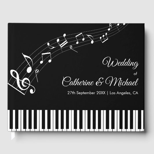 Piano Keys Musical Notes Zwart-wit bruiloft Gastenboek (Voorkant)