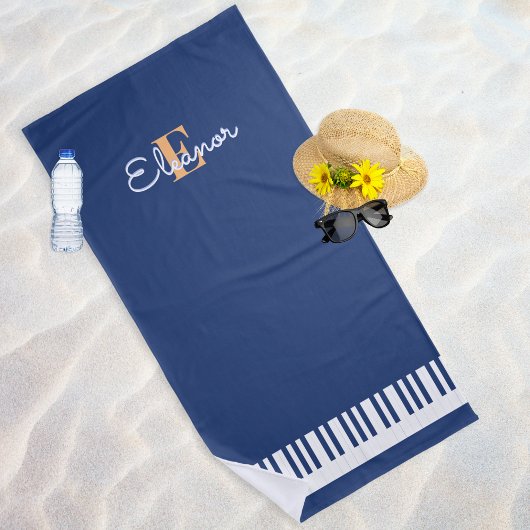 Piano Keys Navy Blauw Wit Monogram Muziek Toetsenb Strandlaken