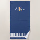 Piano Keys Navy Blauw Wit Monogram Muziek Toetsenb Strandlaken (Voorkant)