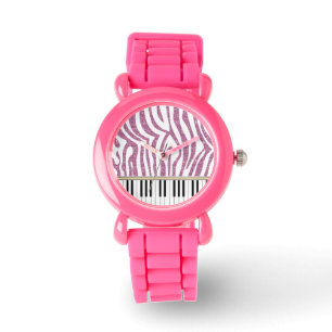 Piano Keys Roze Glitter Zebra Afdrukken Horloge