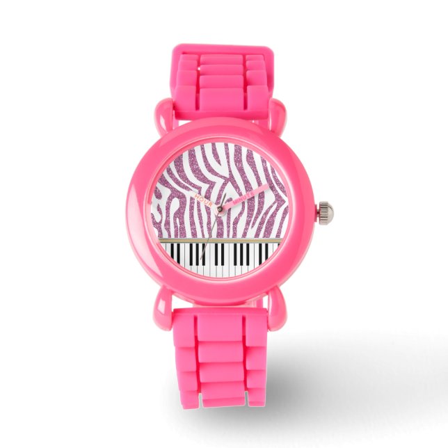 Piano Keys Roze Glitter Zebra Afdrukken Horloge (Voorkant)