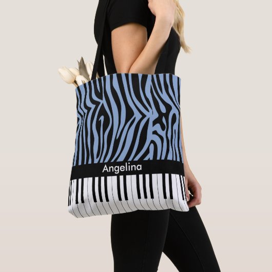 Piano Keys Sky Blauw en zwart Zebra Print Tote Bag (Dichtbij)