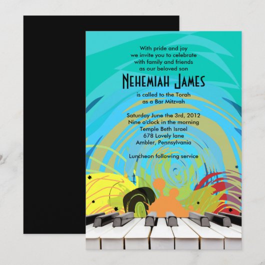 PIANO KEYS & STARS Bar Bat Mitzvah Uitnodiging (Voorkant / Achterkant)