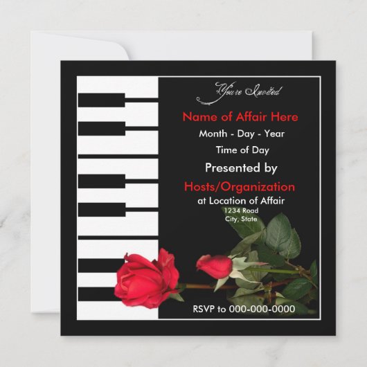 Piano Keys-uitnodiging/Red Roses Kaart (Achterkant)