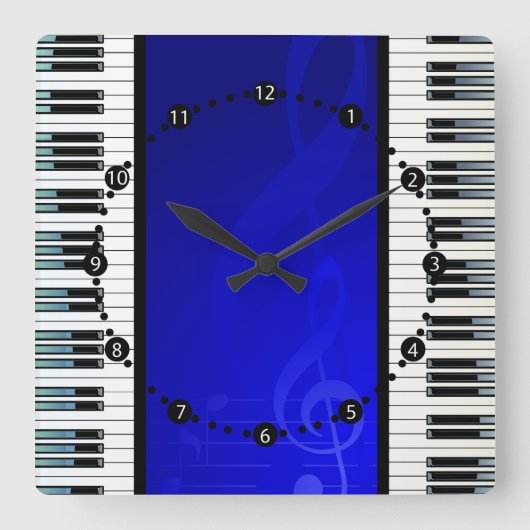 Piano Keys with Blue Effect Musical Notes Vierkante Klok (Voorkant)