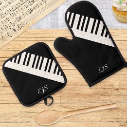 Piano Keys Zwart Wit Muziek Toetsenbord Monogramme Ovenwant & Pannenlap Set