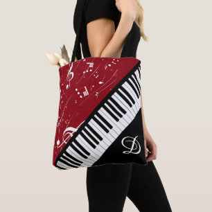 Piano Klarinet Muziek Script Monogram Zwart Rood Tote Bag