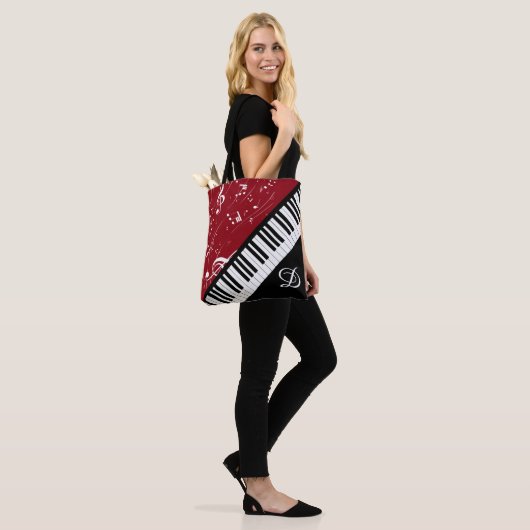 Piano Klarinet Muziek Script Monogram Zwart Rood Tote Bag (Op model)