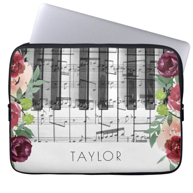 Piano marsala bloemen laptop sleeve (Voorkant)