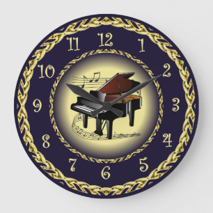 Piano Musical Scroll ~ Gold en Navy Blue ~ Grote Klok