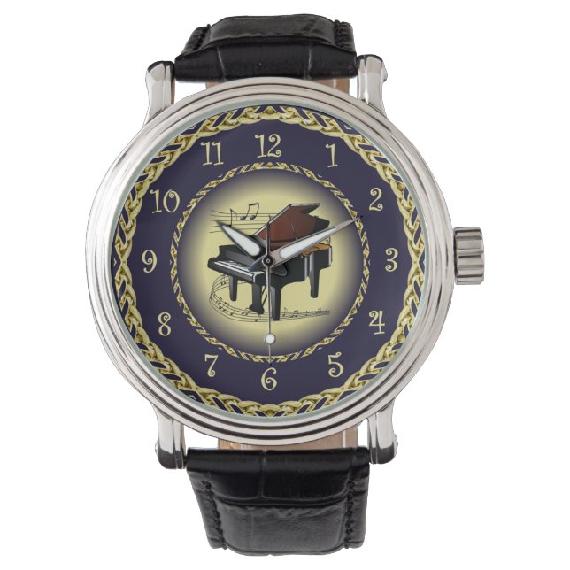 Piano Musical Scroll ~ Gold en Navy Blue ~ Horloge (Voorkant)