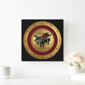 Piano~Musical Scroll~Gold/Maroon/Black Background~ Vierkante Klok (Huis)