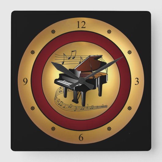 Piano~Musical Scroll~Gold/Maroon/Black Background~ Vierkante Klok (Voorkant)