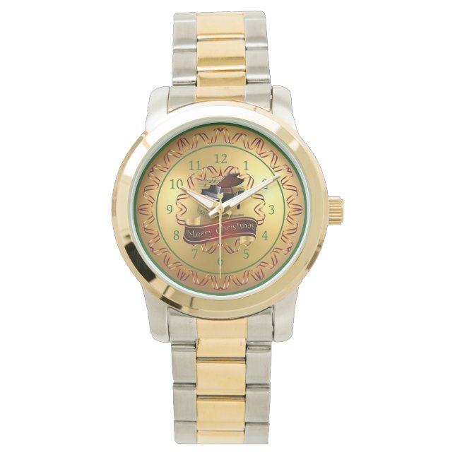 Piano ~ Musical Scroll ~ Gold "Merry Kerstmis" Horloge (Voorkant)