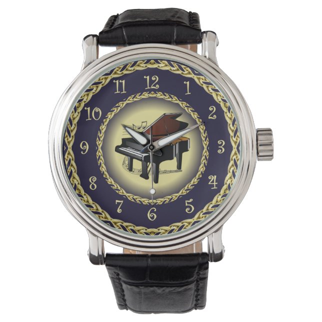 Piano ~ Musical Scroll ~ Gold/Navy Blue ~ ~ Horloge (Voorkant)