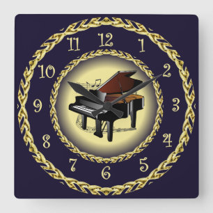 Piano ~ Musical Scroll ~ Gold/Navy Blue ~ ~ Vierkante Klok