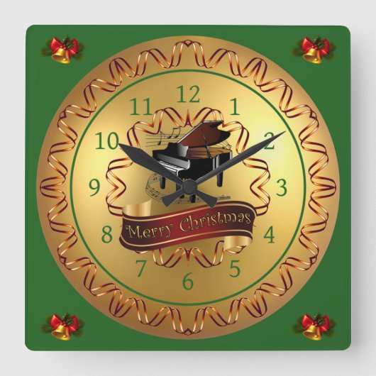 Piano ~ Musical Scroll ~ "Merry Kerstmis"  Vierkante Klok (Voorkant)
