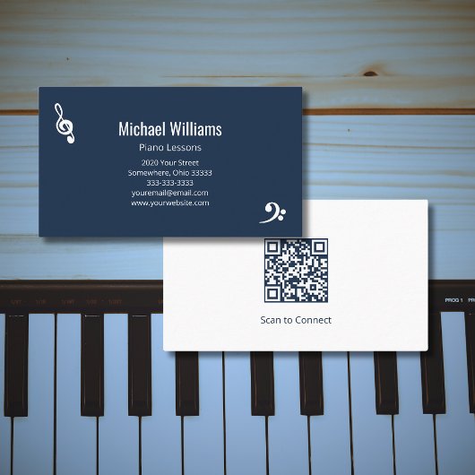 Piano Muziek Lessen QR code Navy Blue Visitekaartje
