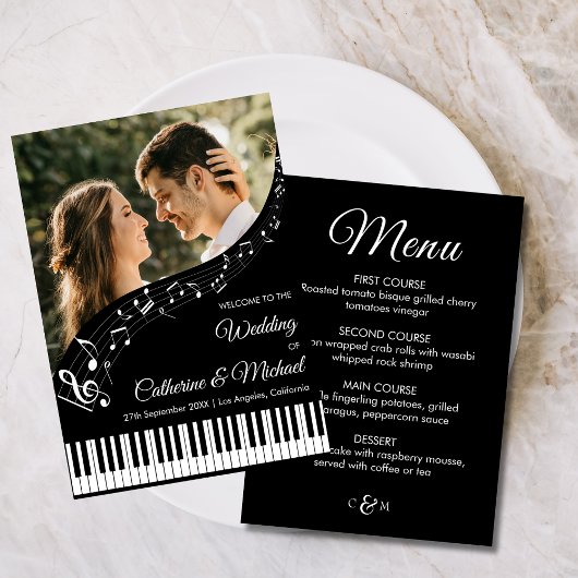 Piano Muziek Zwart & Wit Foto Monogram Huwelijk Menu