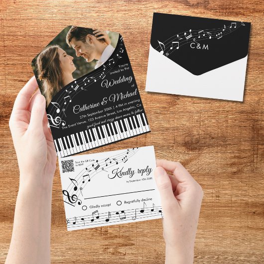 Piano Muziek Zwart & Wit Foto QR Code Trouwen All In One Uitnodiging
